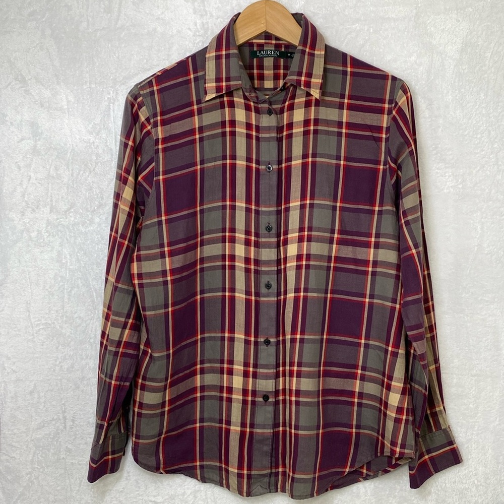 Women’s Ralph Lauren Purple Tan Red Plaid 100% Cotton Button Down Shirt Size M
